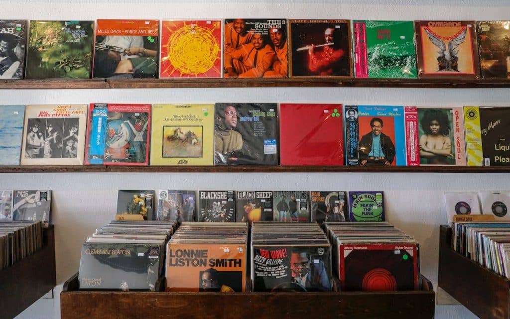 vinyl records arranged and organized in a shop